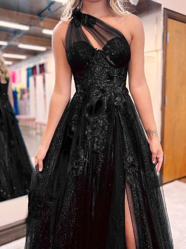 Wholesale A-Line/Princess Tulle Applique One-Shoulder Sleeveless Sweep/Brush Train Dresses